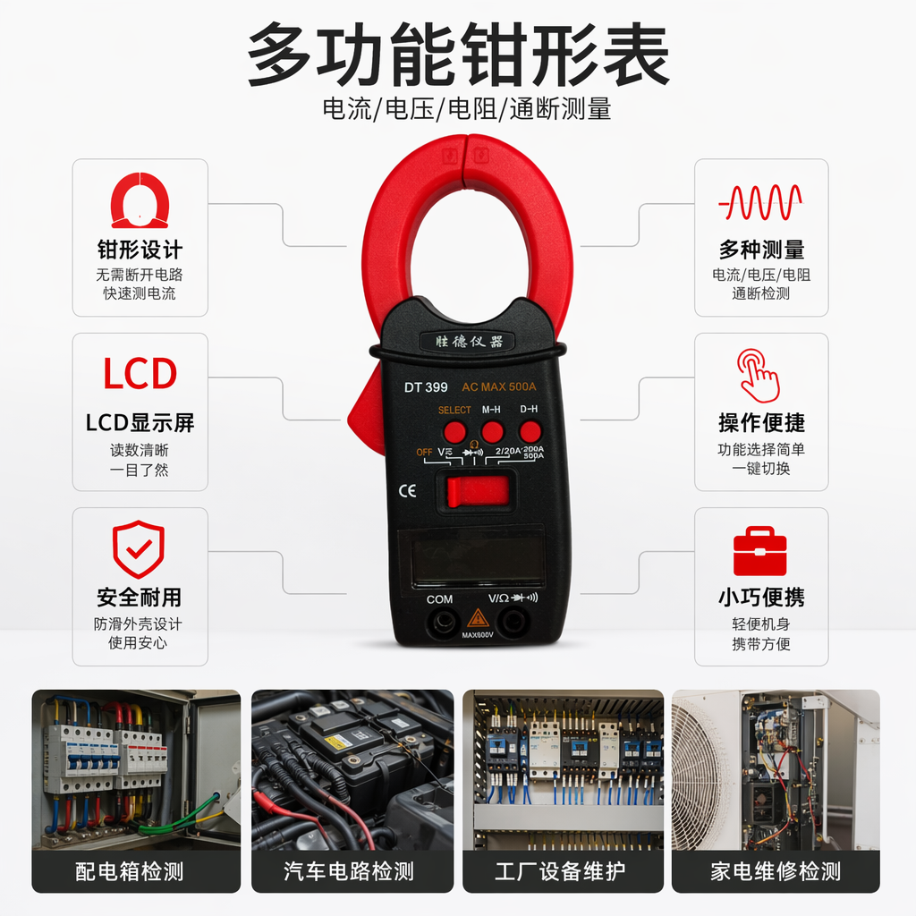 The black digital clamp-on multimeter features a red clamp mouth LCD screen with function button design