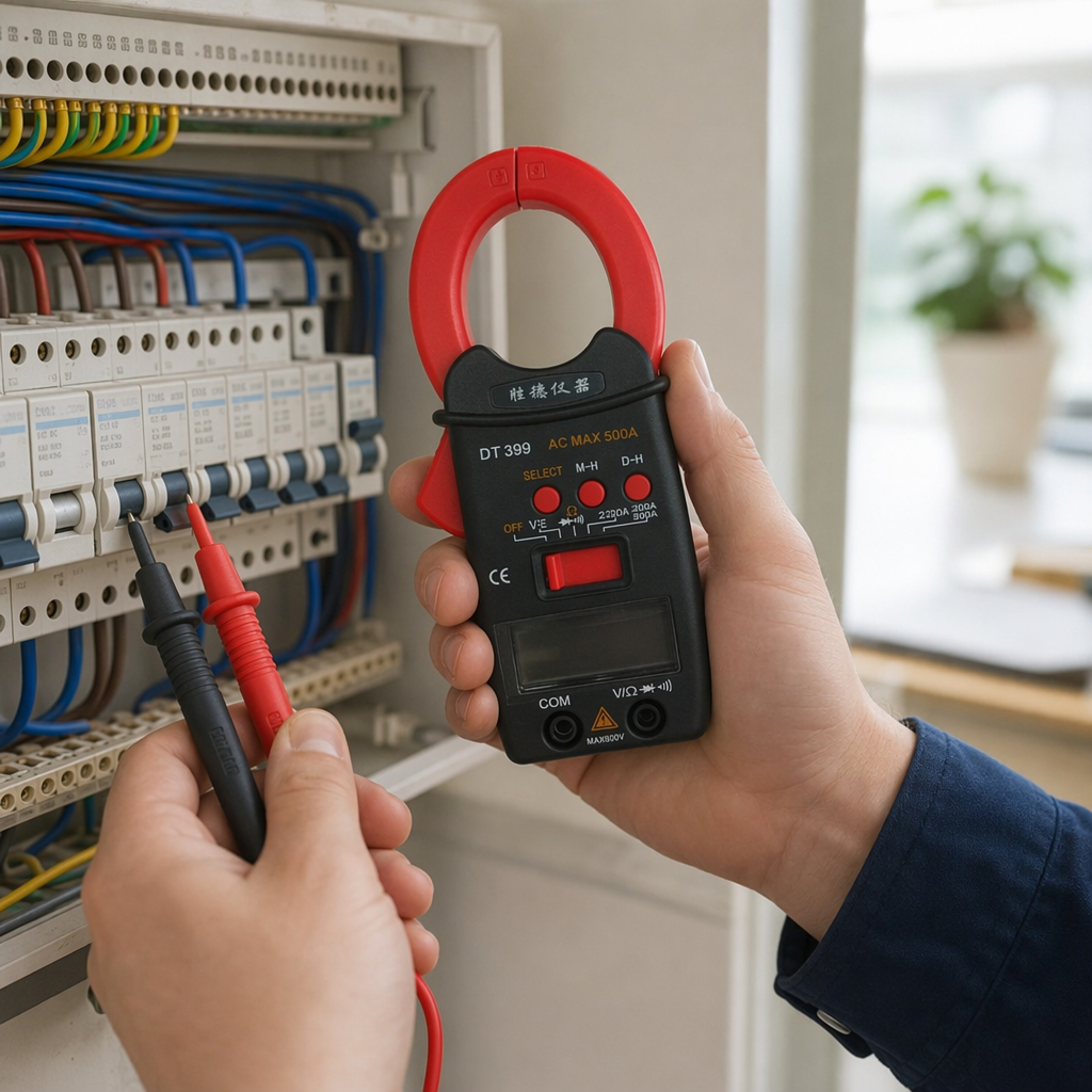 The black digital clamp-on multimeter features a red clamp mouth LCD screen with function button design details Picture