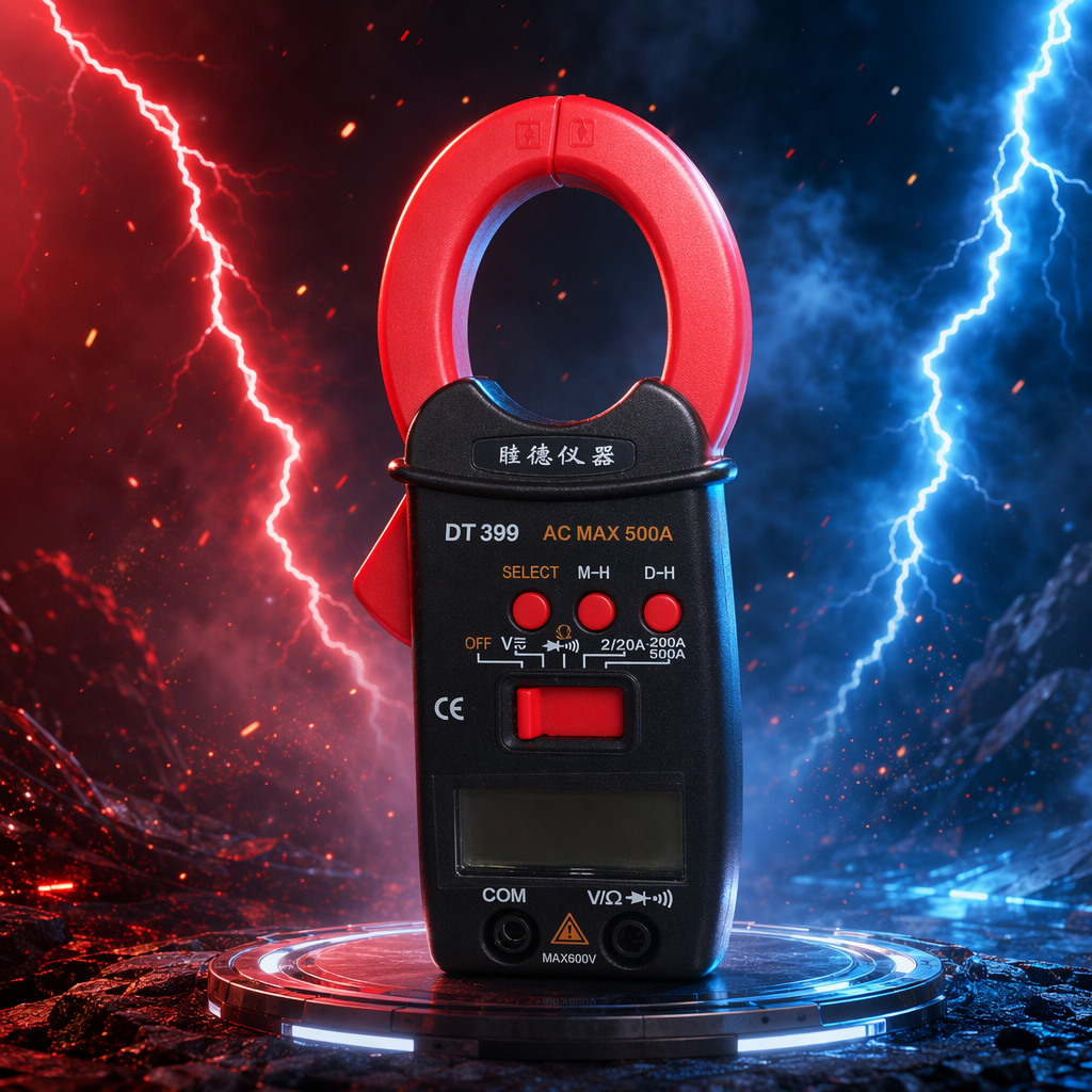 The black digital clamp-on multimeter features a red clamp mouth LCD screen with function button design Specification image