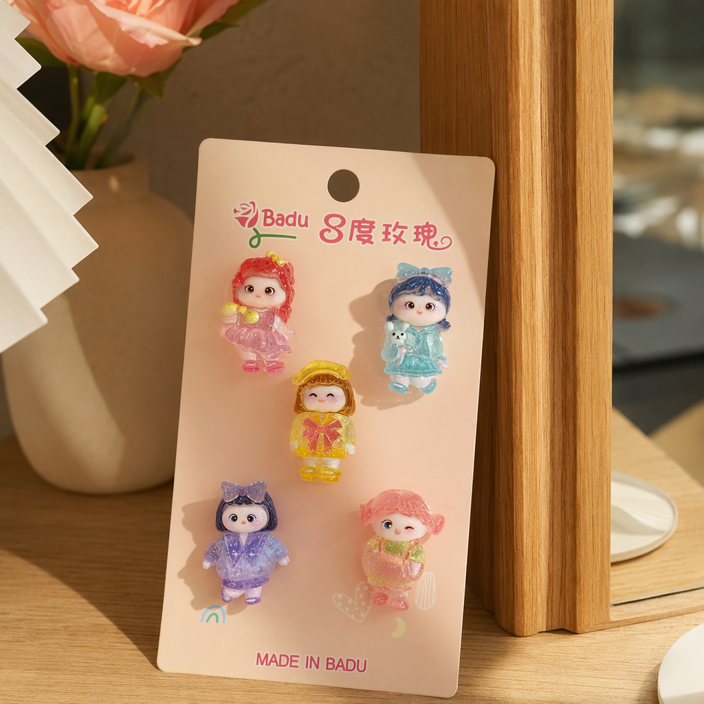 A pink card set of five cute accessory gift boxes featuring doll-shaped brooches details Picture