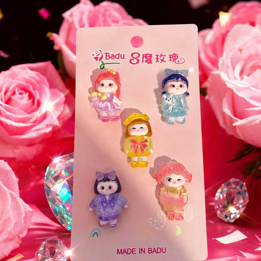A pink card set of five cute accessory gift boxes featuring doll-shaped brooches Specification image