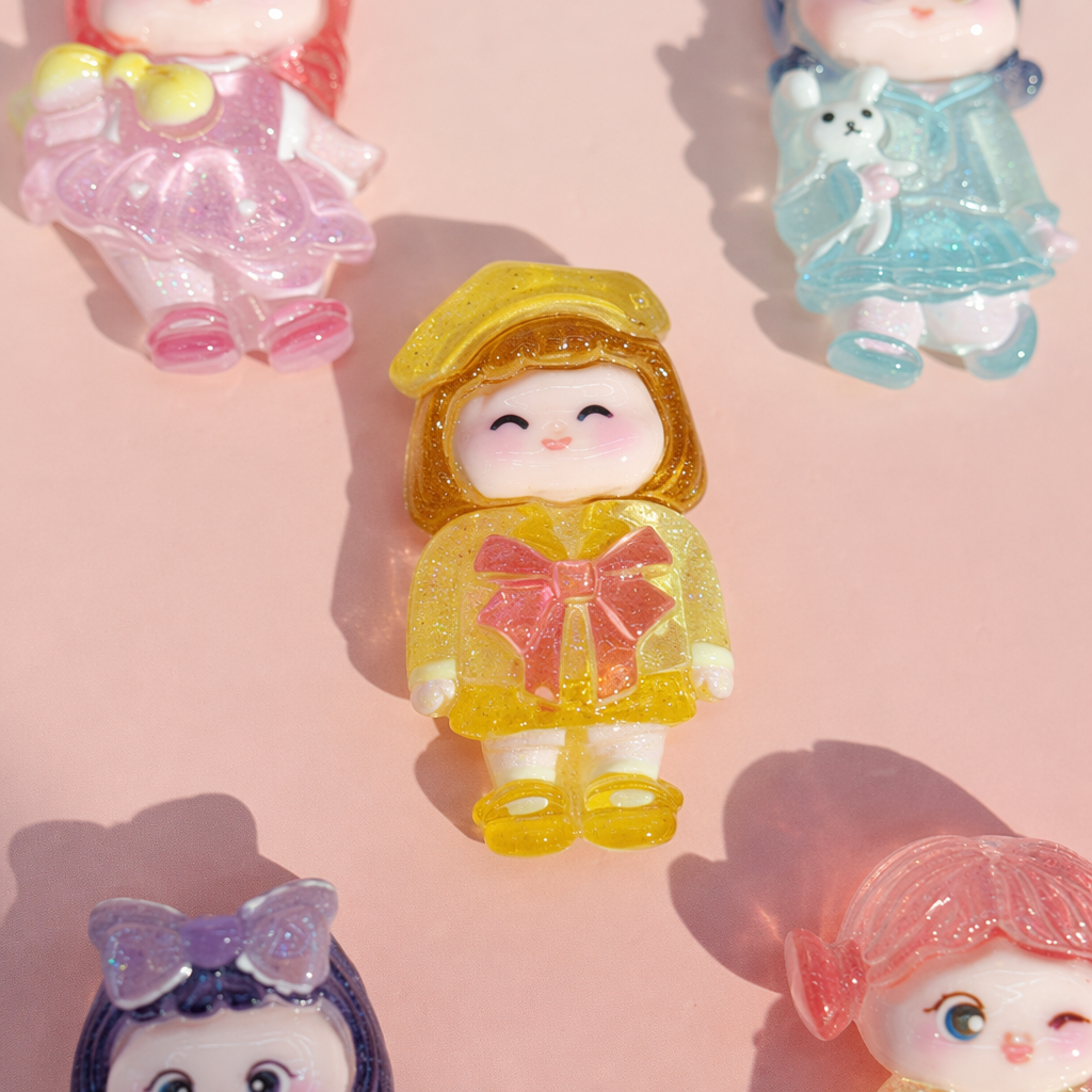 A pink card set of five cute accessory gift boxes featuring doll-shaped brooches Application Scenario