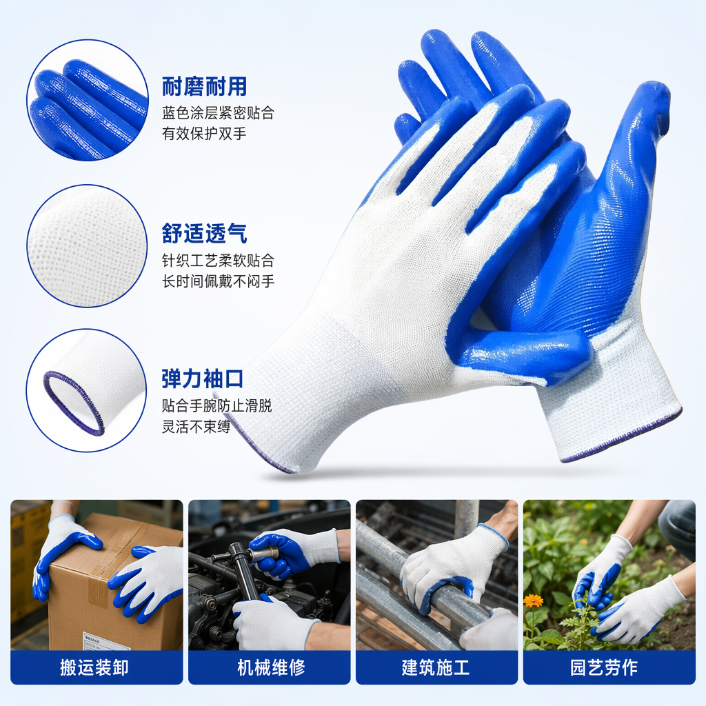Blue nitrile impregnated rubber gloves, anti-slip and wear-resistant thickened industrial labor protection gloves