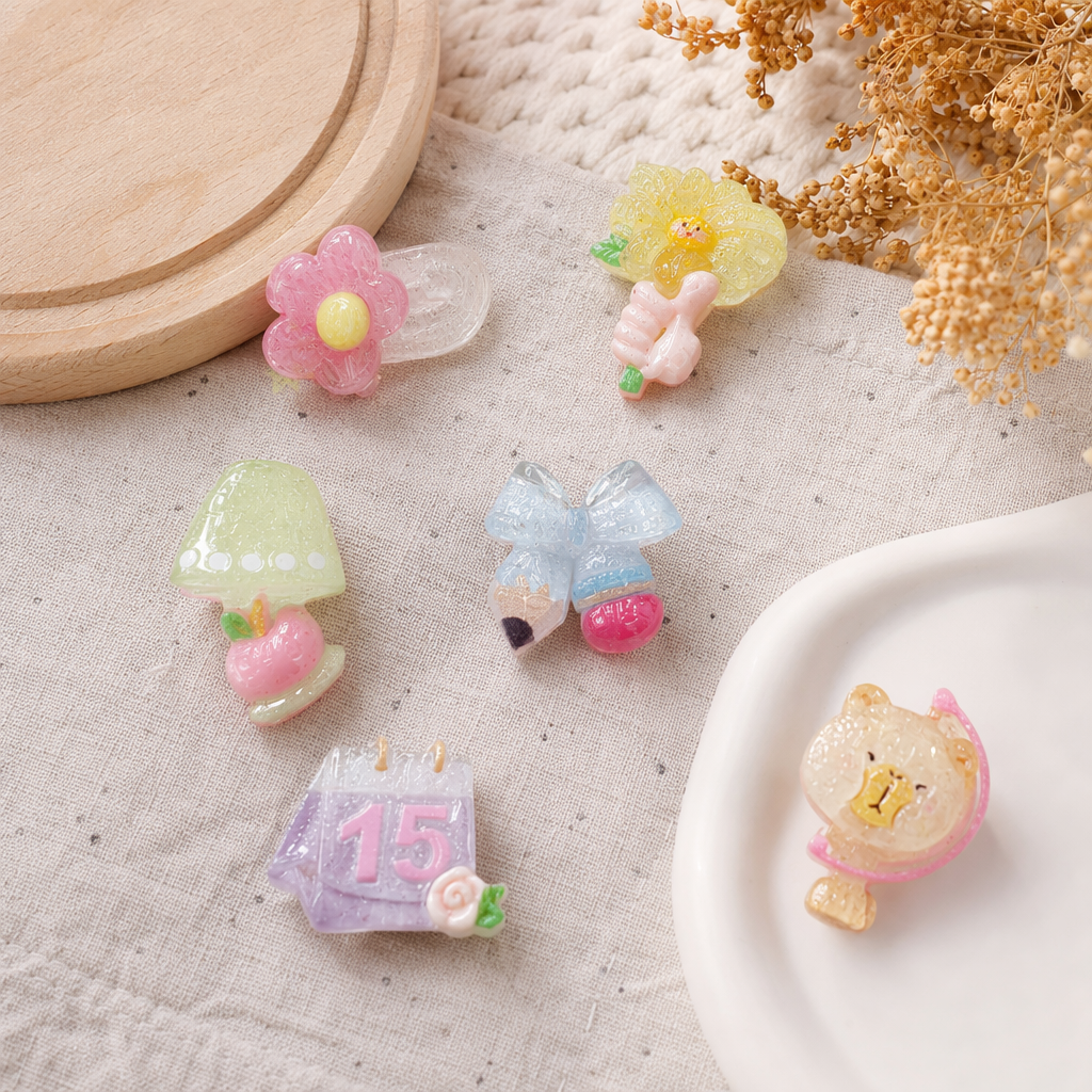 粉色卡片六款树脂饰品含花朵向日葵蘑菇蝴蝶结日历小熊产品图