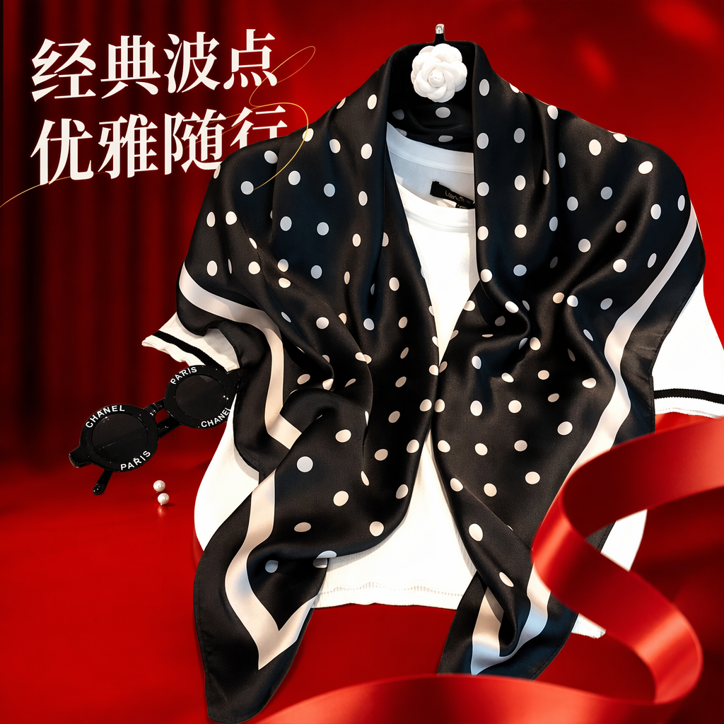 黑色波点真丝围巾女士春夏百搭轻盈透气 Specification image