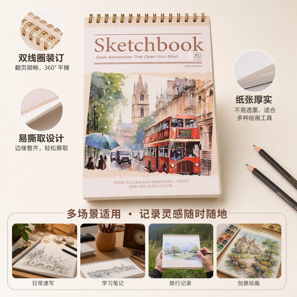 Watercolor illustration cover sketchbook, 16K thickened paper, professional hand-drawn book