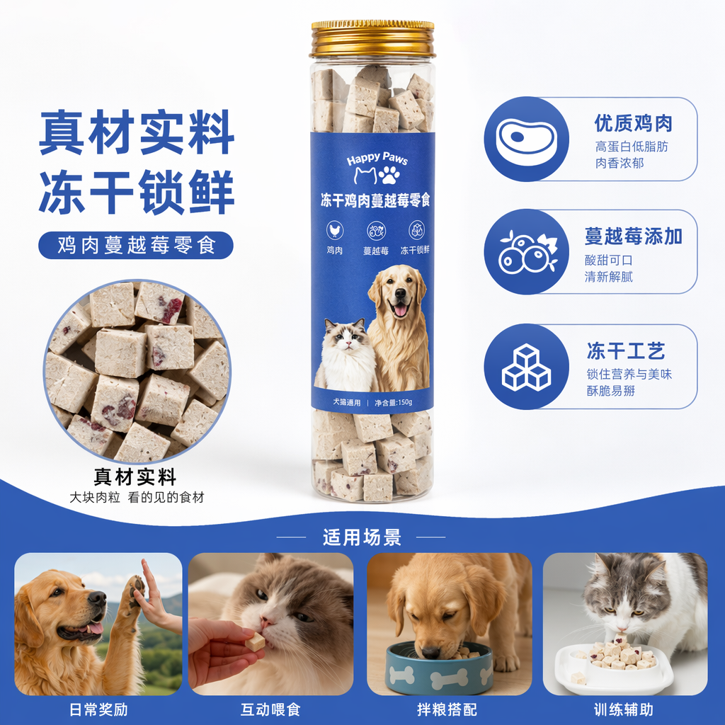 透明圆柱形宠物零食冻干鸡肉蔓越莓宠物食品密封保鲜罐