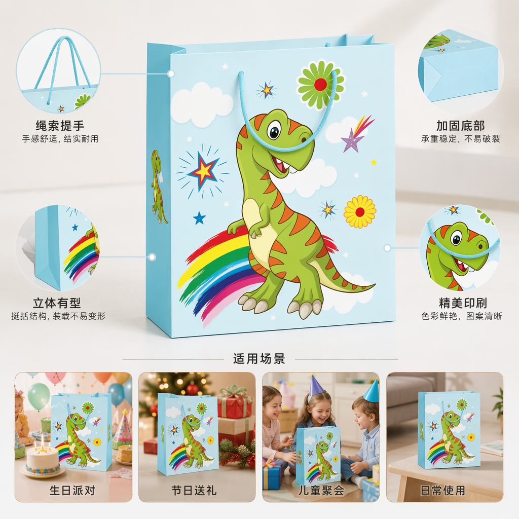 绿色恐龙卡通礼品袋 儿童生日派对手提环保纸袋