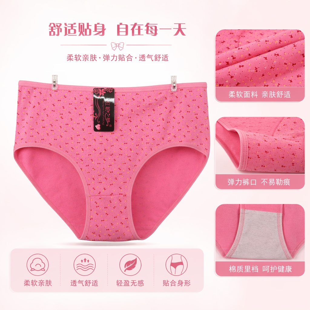 粉色蝴蝶结图案女士内裤 舒适纯棉贴身透气
