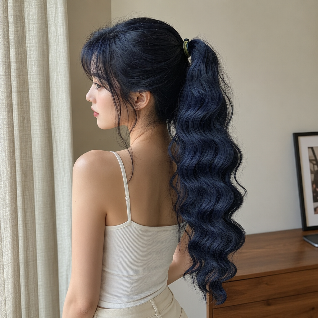 The long black wavy false braid has a natural drape and simulates hair strands details Picture