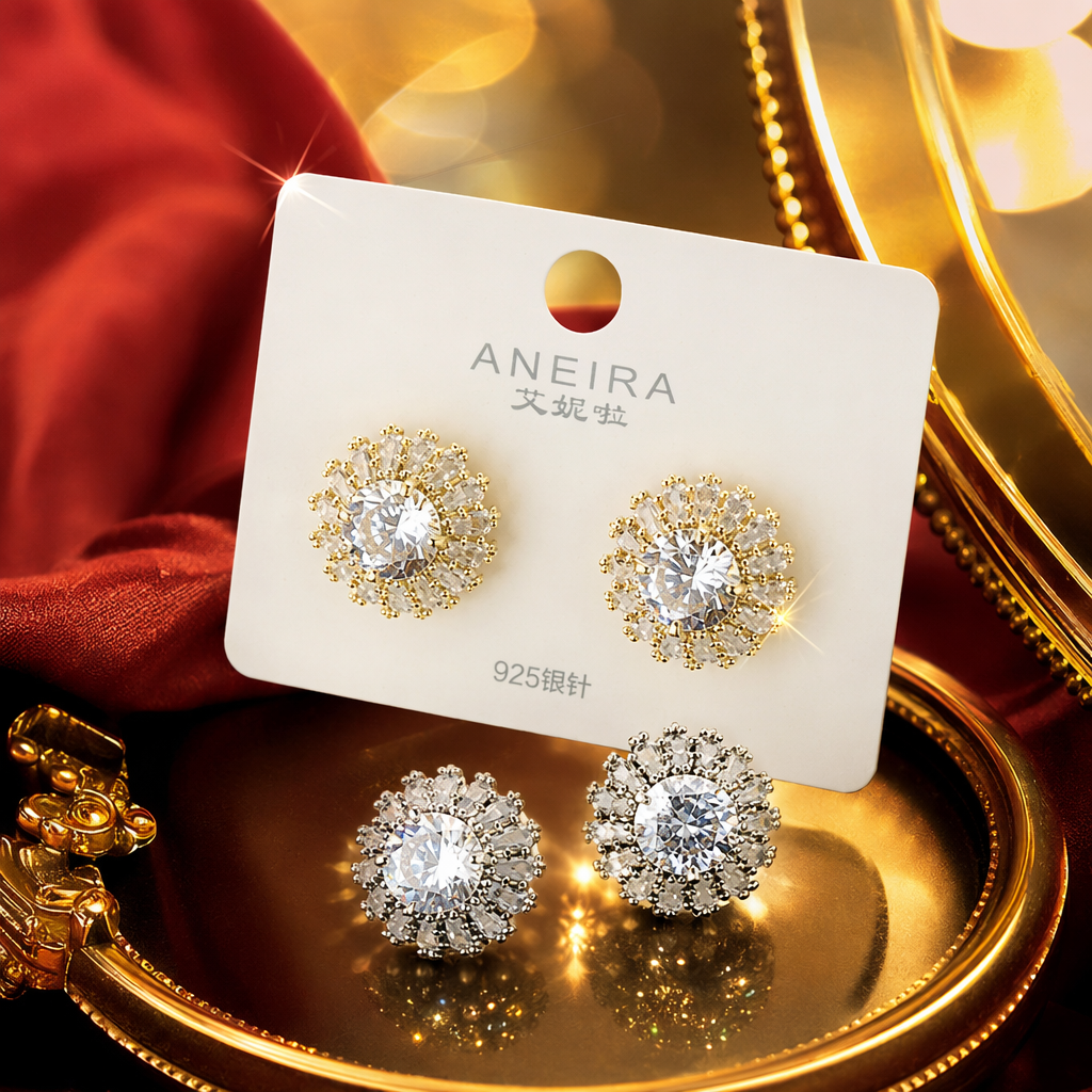 Golden diamond-encrusted ear studs are fashionable and light luxury earrings for women, exquisitely dazzling Specification image