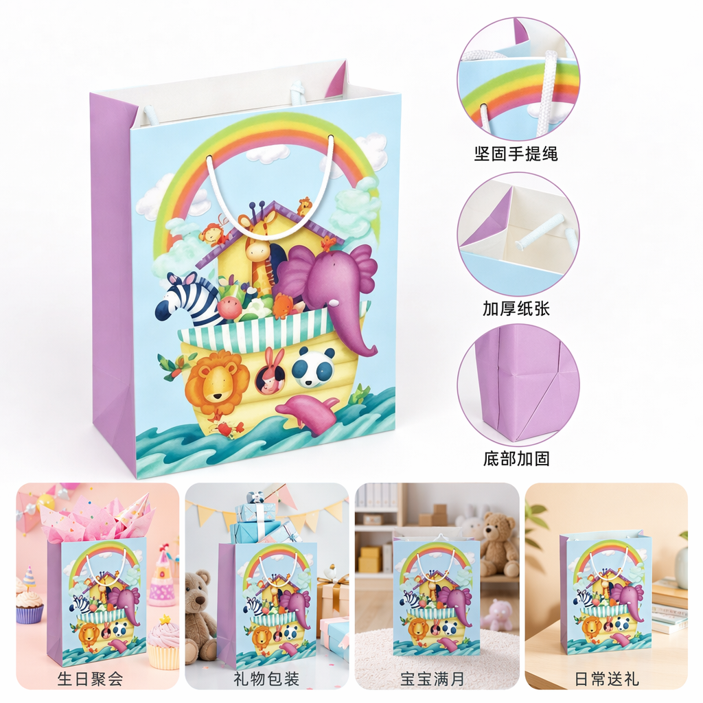 Dibujos animados coloridos Arca de Noé bolsa de regalo fiesta de niños bolsa de papel portátil multicolor opcional
