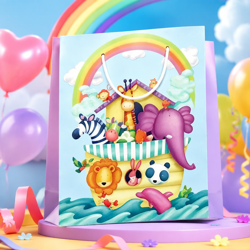 Colorful cartoon Noah's Ark gift bags for children's party hand-held paper bags are available in multiple colors Specification image