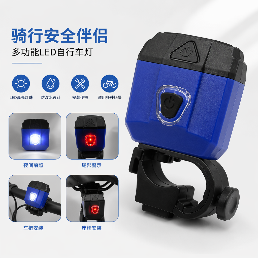 蓝色自行车LED多功能灯 前车灯尾灯一体防水充电式
