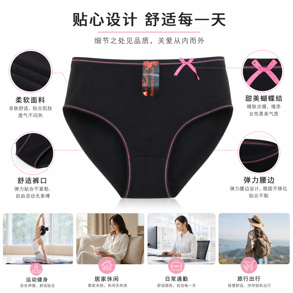 黑色内裤女款粉色缝线蝴蝶结装饰纯棉舒适透气