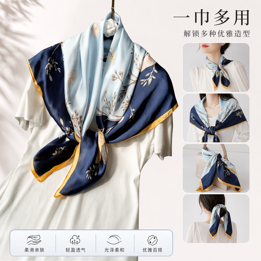 蓝白花卉图案真丝丝巾女士春夏围巾轻薄透气