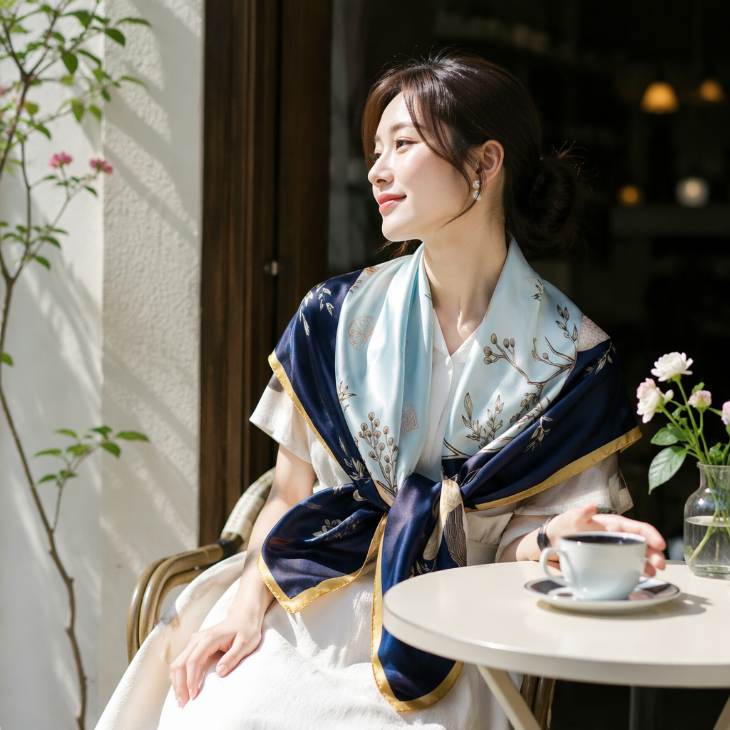 This blue and white floral pattern silk scarf is a light and breathable spring and summer scarf for women details Picture