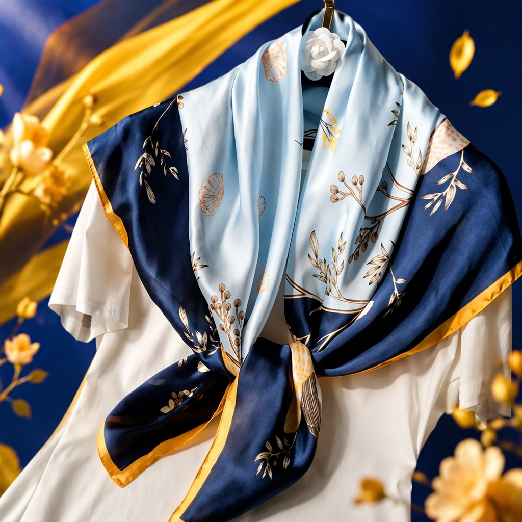 This blue and white floral pattern silk scarf is a light and breathable spring and summer scarf for women Specification image
