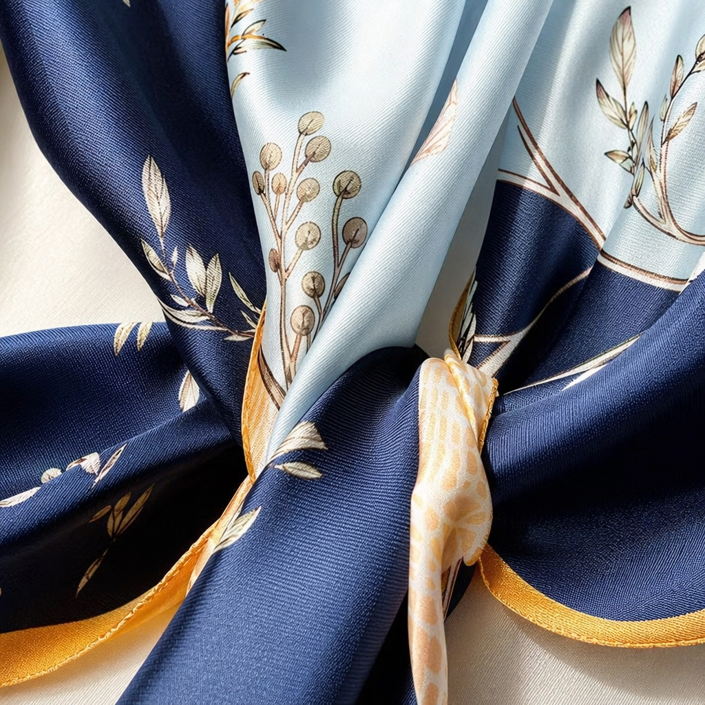 This blue and white floral pattern silk scarf is a light and breathable spring and summer scarf for women Application Scenario