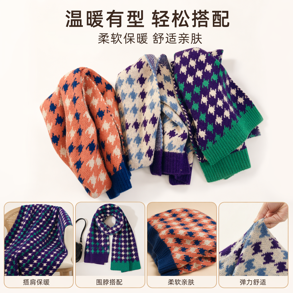 Colorful checkered knitted scarf for warm autumn and winter, a fashionable and versatile woolen style for ladies