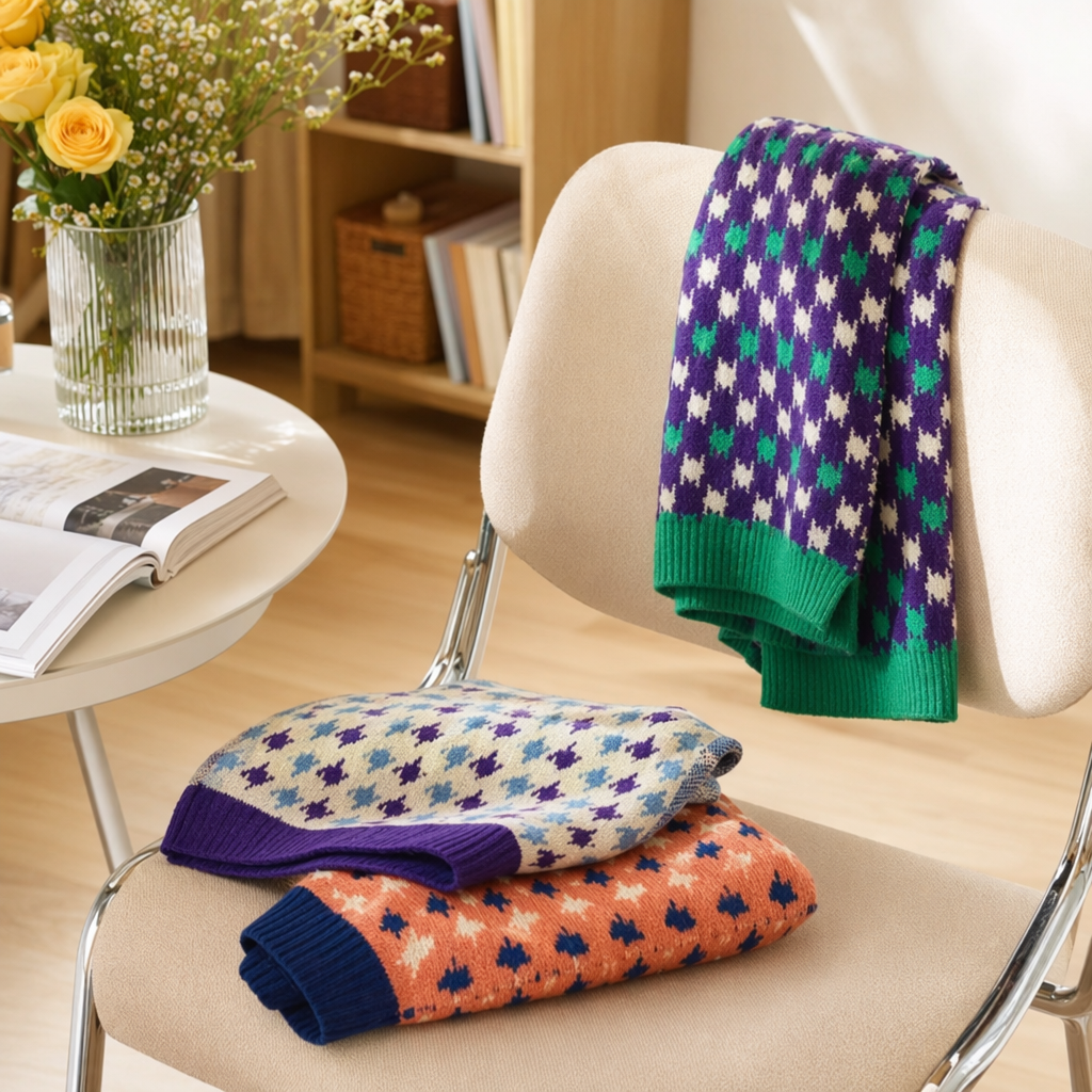 Colorful checkered knitted scarf for warm autumn and winter, a fashionable and versatile woolen style for ladies details Picture