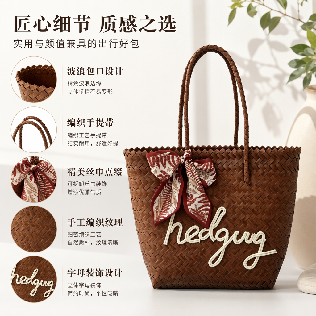 棕色编织手提包正面绣白色hedgy字样配红色植物图案丝巾蝴蝶结
