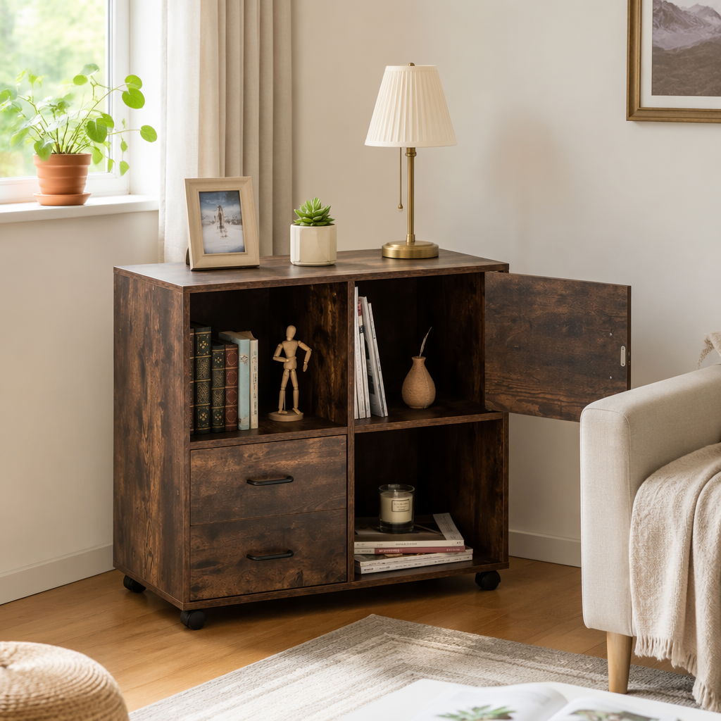 A brown wooden desk with drawers, open storage compartments, doors, books, decorations and green plants details Picture