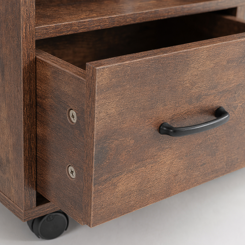 A brown wooden desk with drawers, open storage compartments, doors, books, decorations and green plants Application Scenario