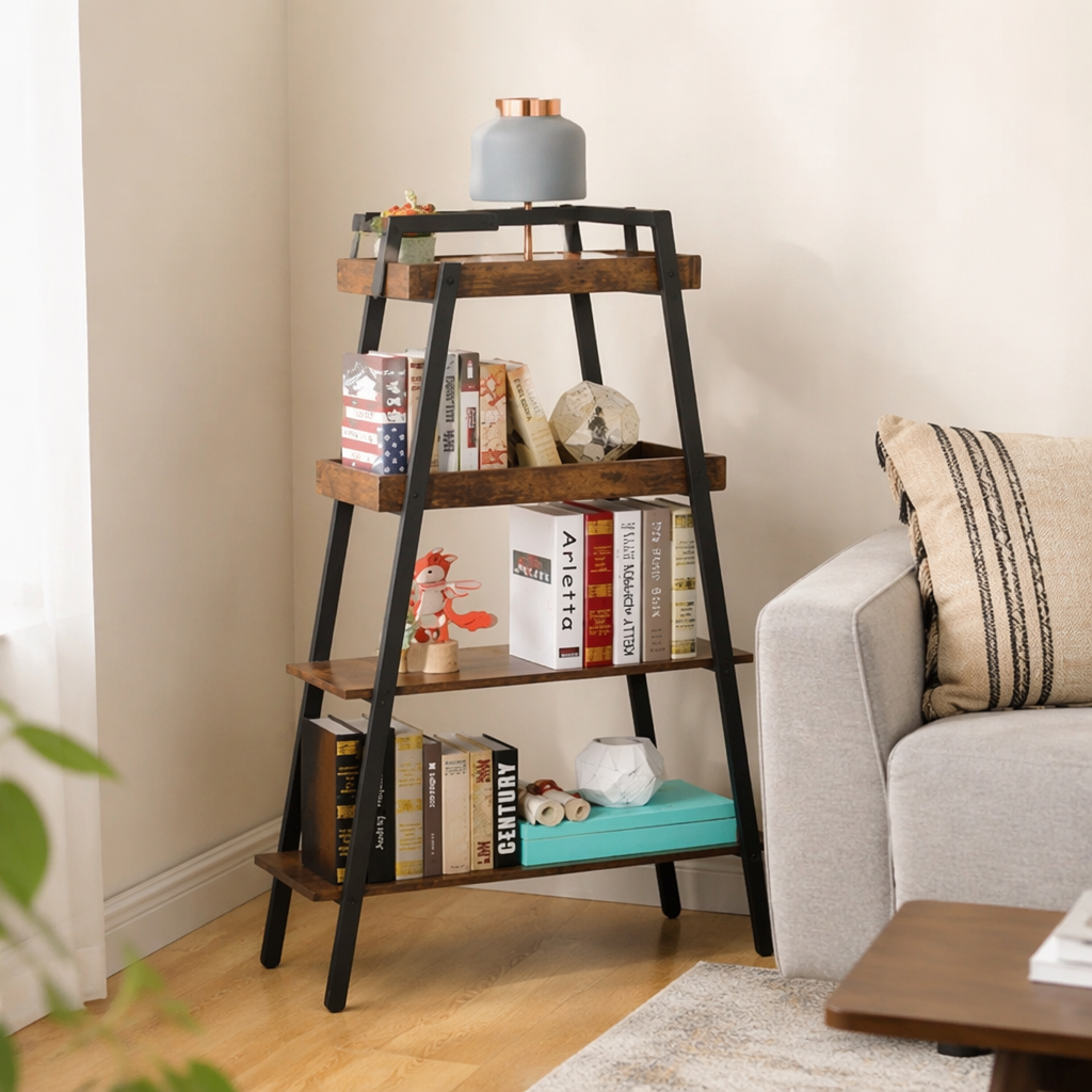 Wooden trapezoidal bookshelf, simple Nordic-style storage rack for living room and bedroom, multi-layer storage details Picture
