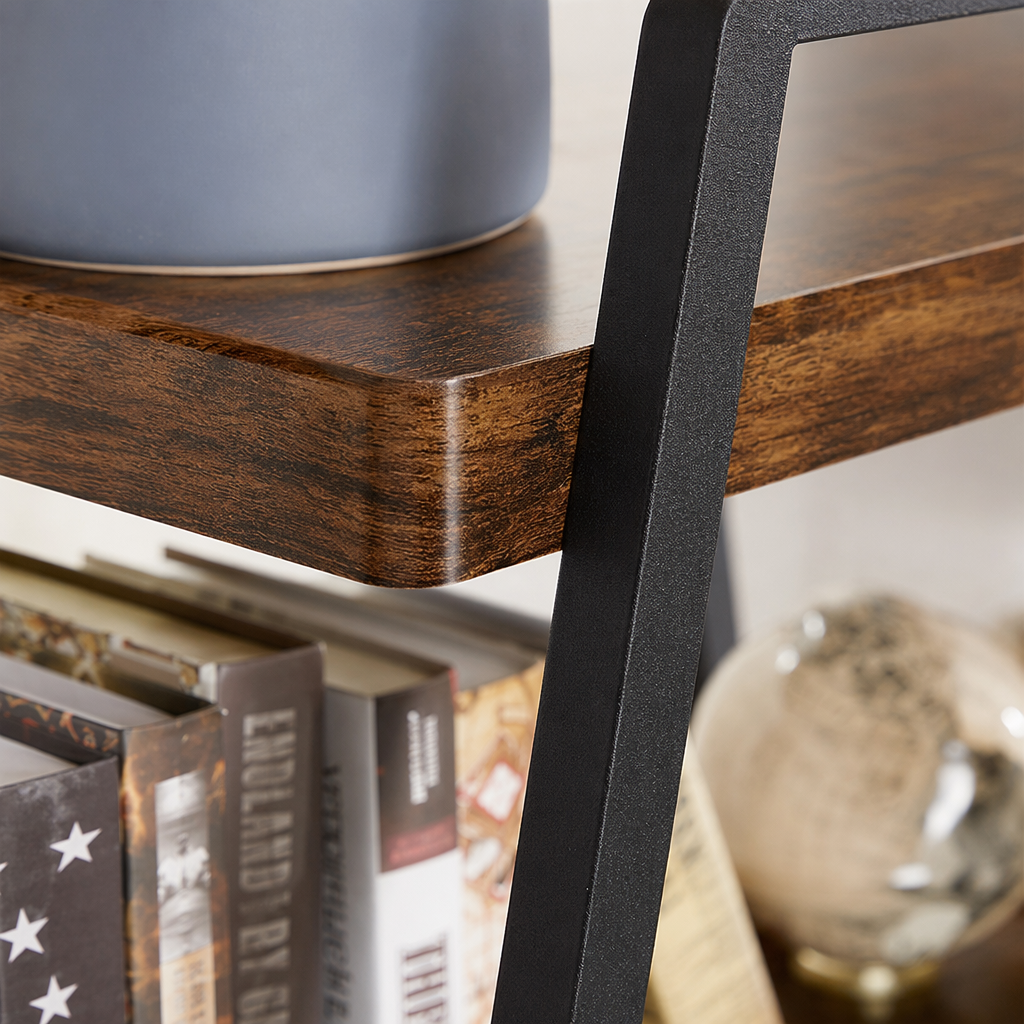 Wooden trapezoidal bookshelf, simple Nordic-style storage rack for living room and bedroom, multi-layer storage Application Scenario