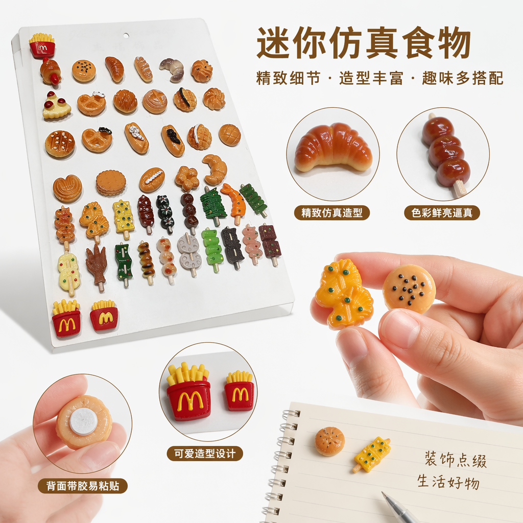 微型食品造型饰品套装 汉堡面包甜甜圈炸鸡薯条烤串冰淇淋 白色板子陈列