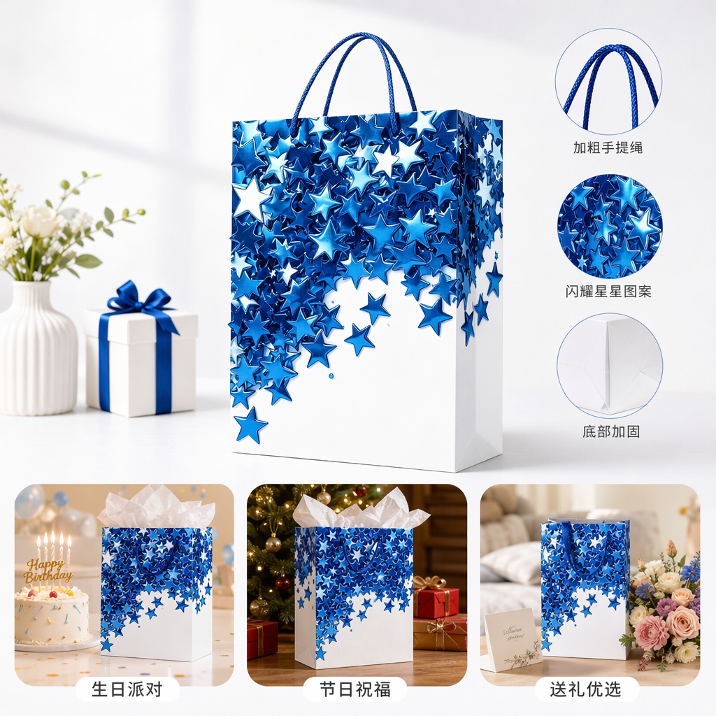 Azul estrella patrón portátil bolsa de regalo bolsa de papel ecológica grande bolsa de regalo