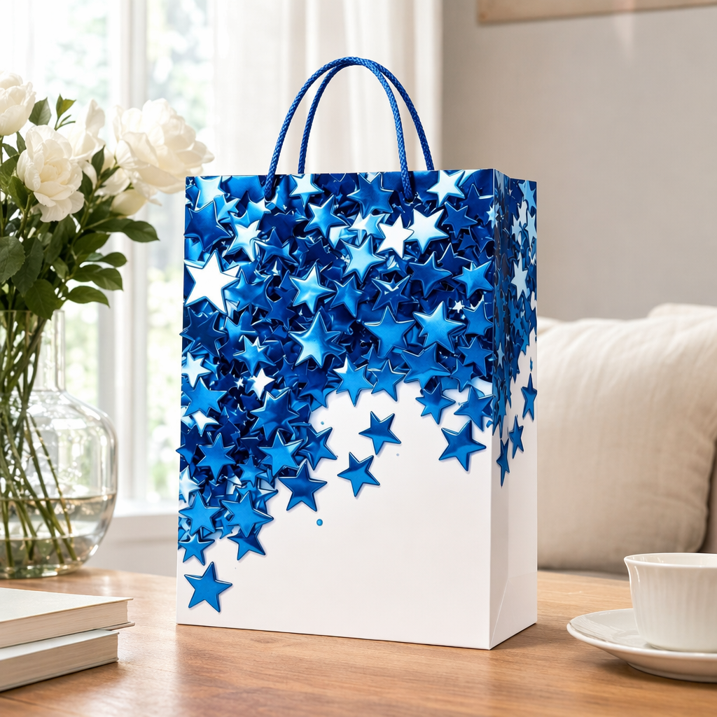 Azul estrella patrón portátil bolsa de regalo bolsa de papel ecológica grande bolsa de regalo details Picture