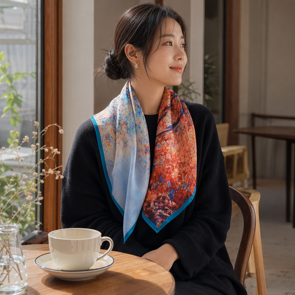 The colorful abstract pattern silk scarf is light, breathable and suitable for all seasons details Picture