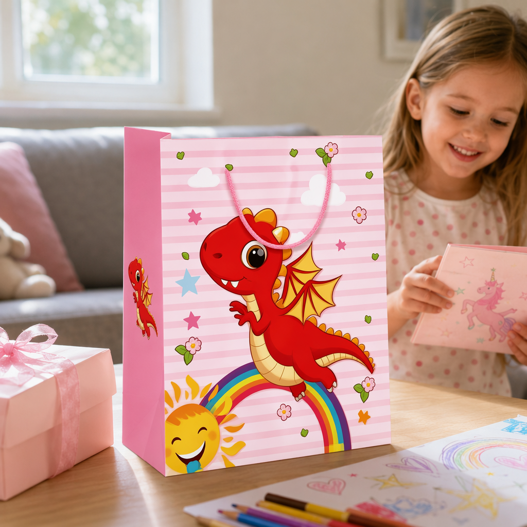 Fondo de rayas rosadas dibujos animados red dragon gift bag universal holiday birthday packaging bag details Picture