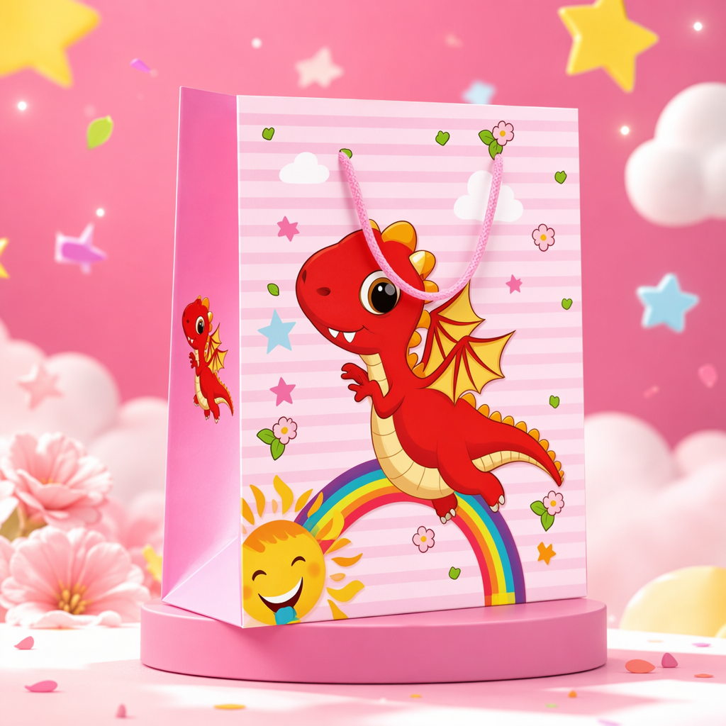 Fondo de rayas rosadas dibujos animados red dragon gift bag universal holiday birthday packaging bag Specification image