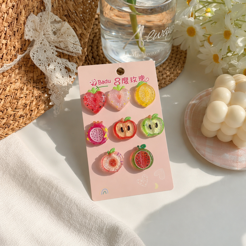 The Badu 8 Degree Rose Pink Fruit Resin Jewelry Card Set includes nine sparkling leaf stalk designs such as strawberry, lemon, and pitaya details Picture