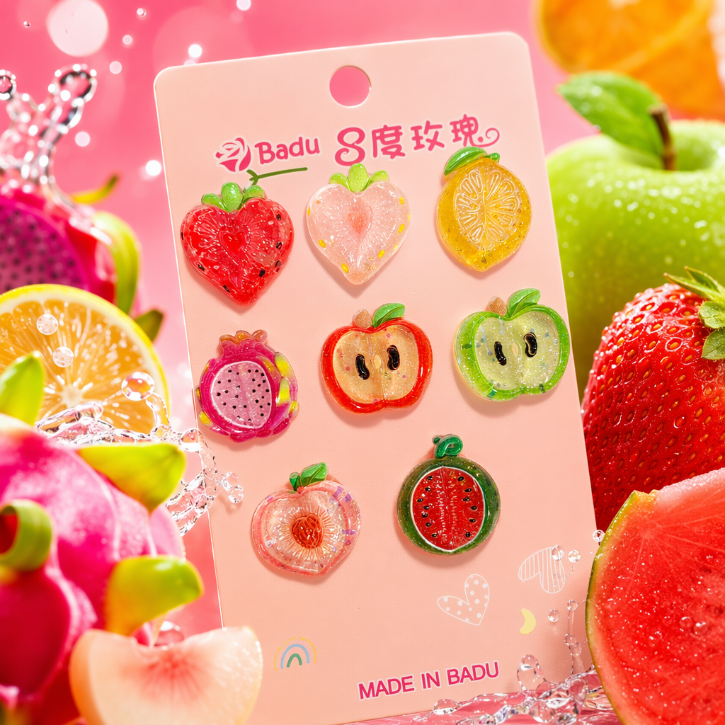 The Badu 8 Degree Rose Pink Fruit Resin Jewelry Card Set includes nine sparkling leaf stalk designs such as strawberry, lemon, and pitaya Specification image