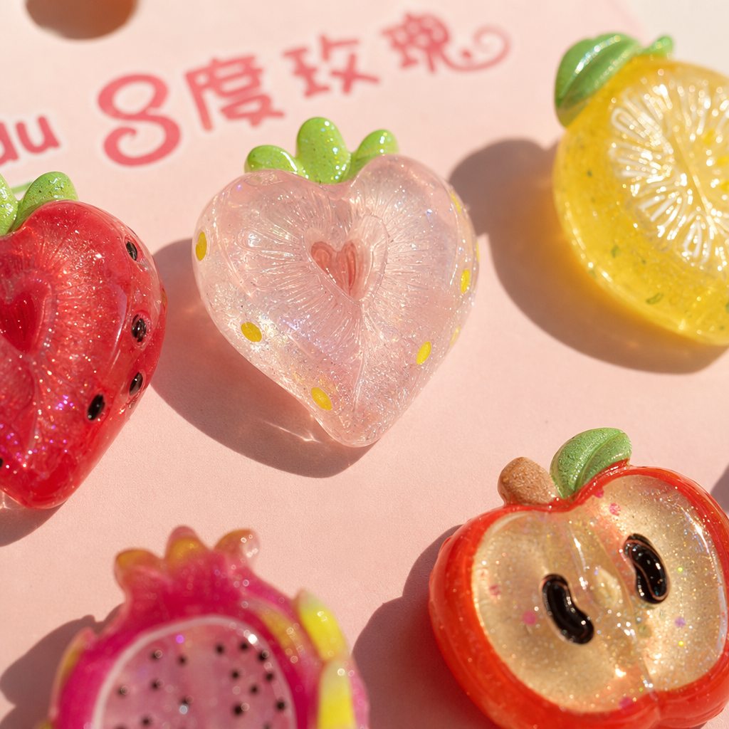 The Badu 8 Degree Rose Pink Fruit Resin Jewelry Card Set includes nine sparkling leaf stalk designs such as strawberry, lemon, and pitaya Application Scenario