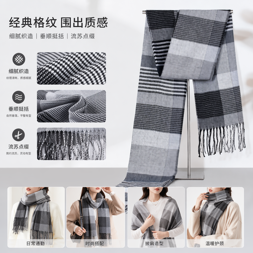 黑白格纹纯棉围巾秋冬保暖时尚百搭男女同款