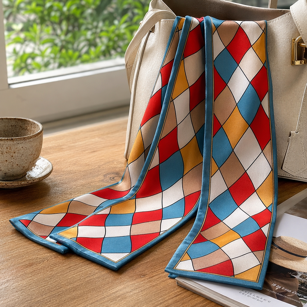The colorful diamond-patterned silk scarf is light, breathable and suitable for all seasons details Picture