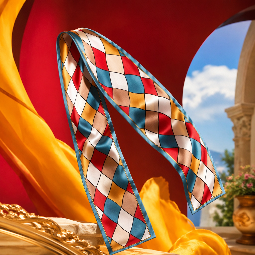 The colorful diamond-patterned silk scarf is light, breathable and suitable for all seasons Specification image