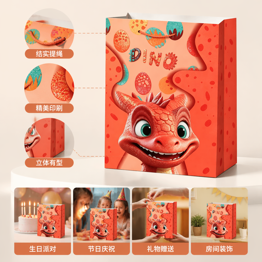 Orange dinosaur-themed gift bag for children's birthday party decoration storage bag