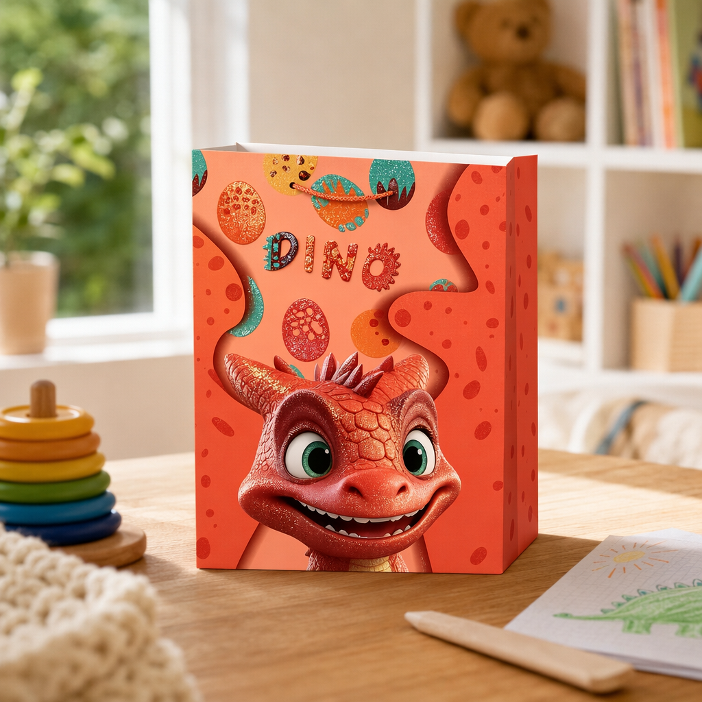 Orange dinosaur-themed gift bag for children's birthday party decoration storage bag details Picture