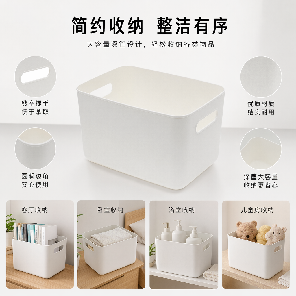 奶白色藤编收纳筐 家居整理储物篮卧室客厅通用