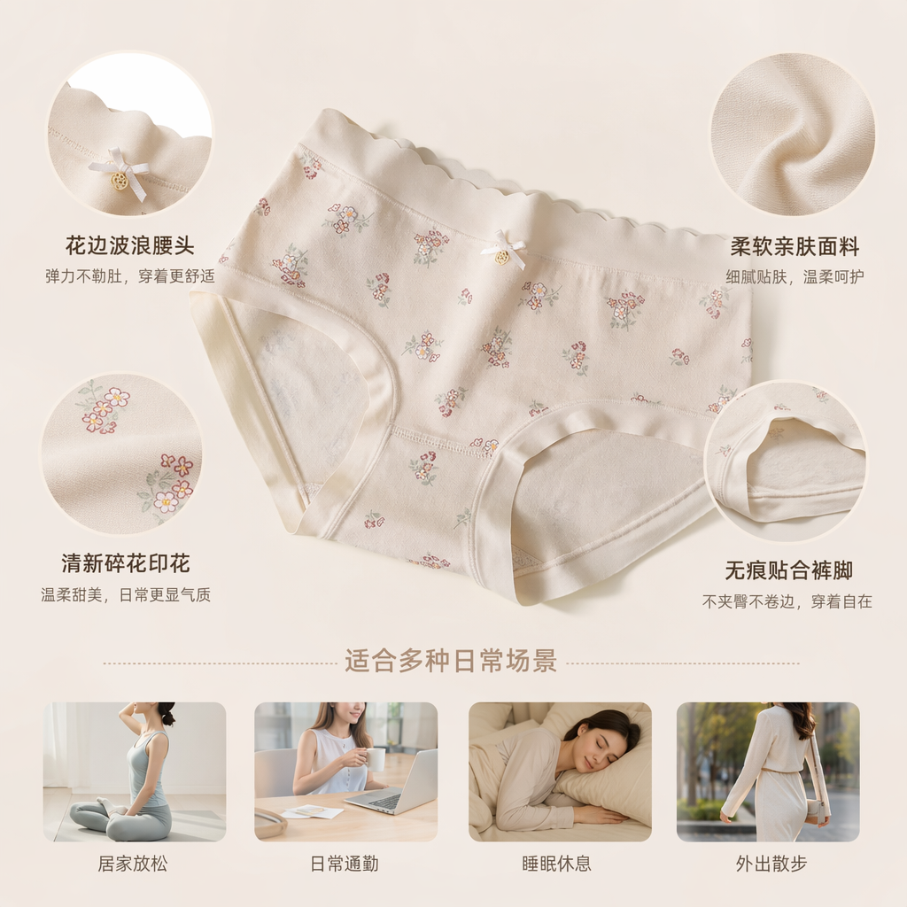 米色碎花女士纯棉内裤舒适透气无痕基础款