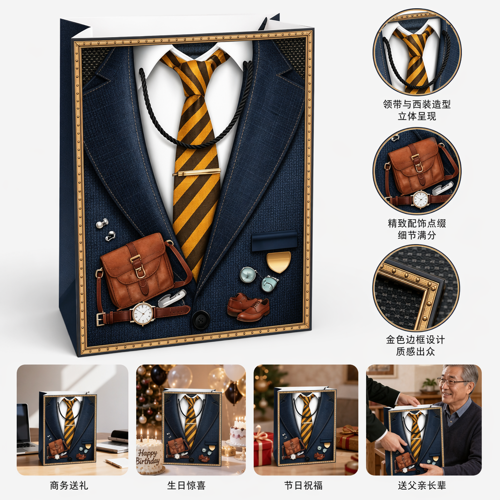 深蓝色男士正装西装图案礼品袋 印白衬衫黄黑领带黑领带夹棕皮包手表皮鞋袖扣怀表