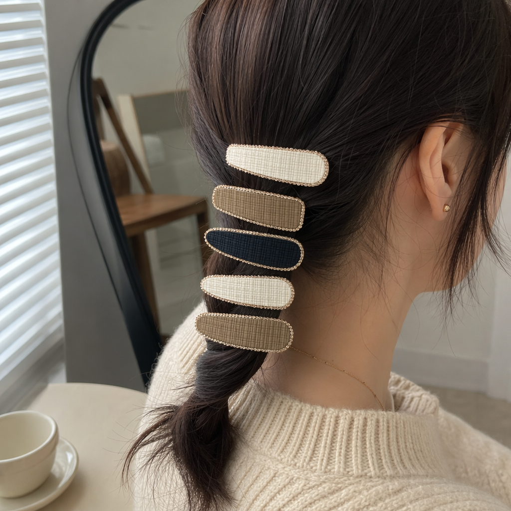 Five rectangular and oval-shaped hair clips with golden diamond-encrusted checkered patterns are handheld for display details Picture