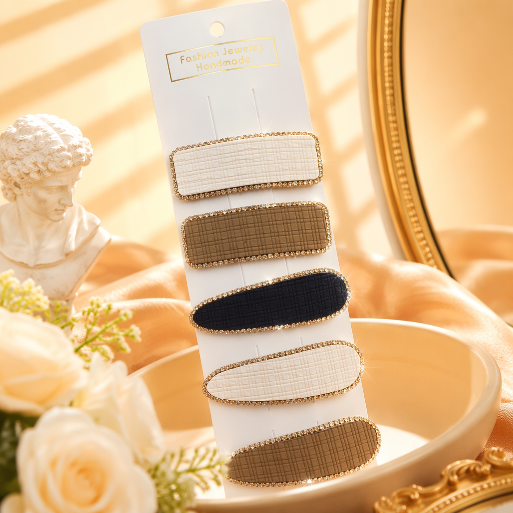 Five rectangular and oval-shaped hair clips with golden diamond-encrusted checkered patterns are handheld for display Specification image