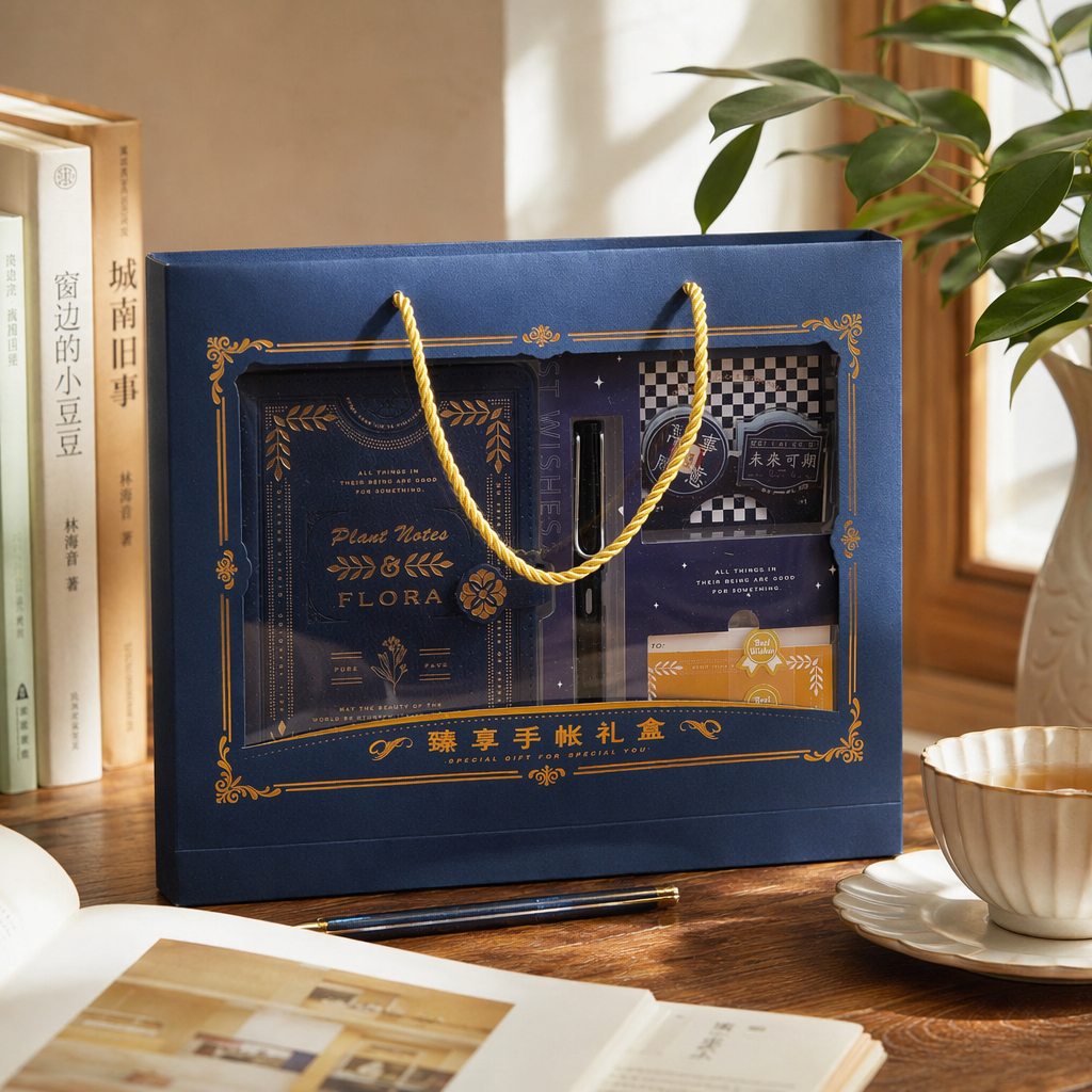 A dark blue hand-held gift box set of notebooks, pens, stickers, cards and stationery details Picture